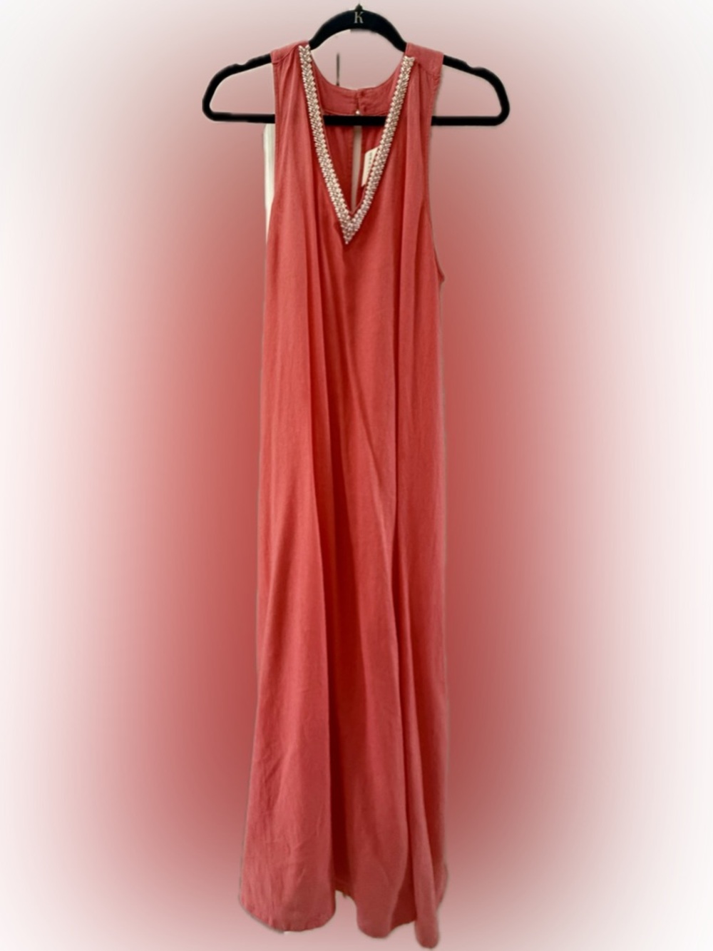 Beaded V-Neck Coral Maxi Dress - Large